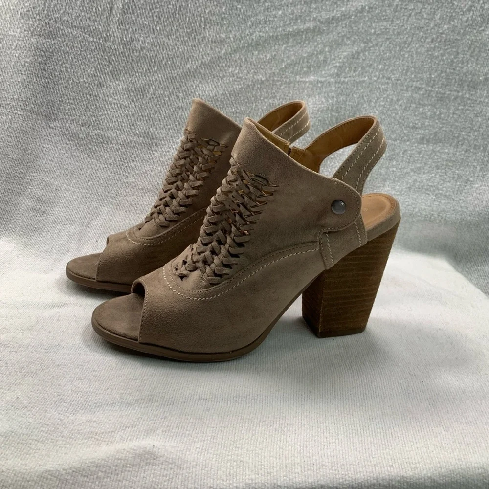 Alter’d State Mio Woven Open Toe Slip-On Sling Back Chunky Heels Taupe Size 8.5 - Picture 15 of 15